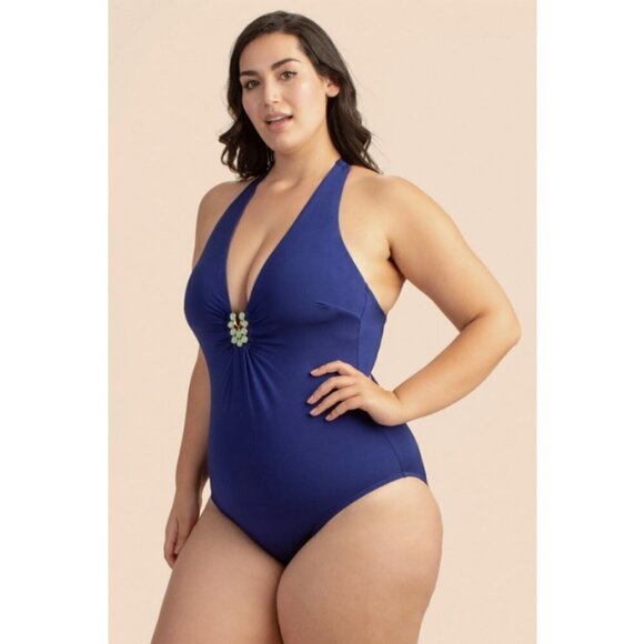 💕TRINA TURK Bijou Solids V-Plunge Plus One Piece Swimsuit Ultra Marine Blue 20W - Picture 3 of 15